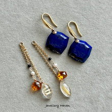 Carica l'immagine nel visualizzatore di Gallery, Lapis lazuli, citrine and golden rutilated quartz earrings