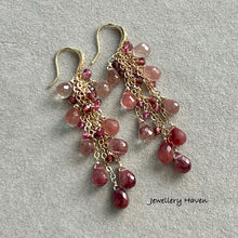 Load image into Gallery viewer, Andesine, pink tourmaline and garnet tassel earrings