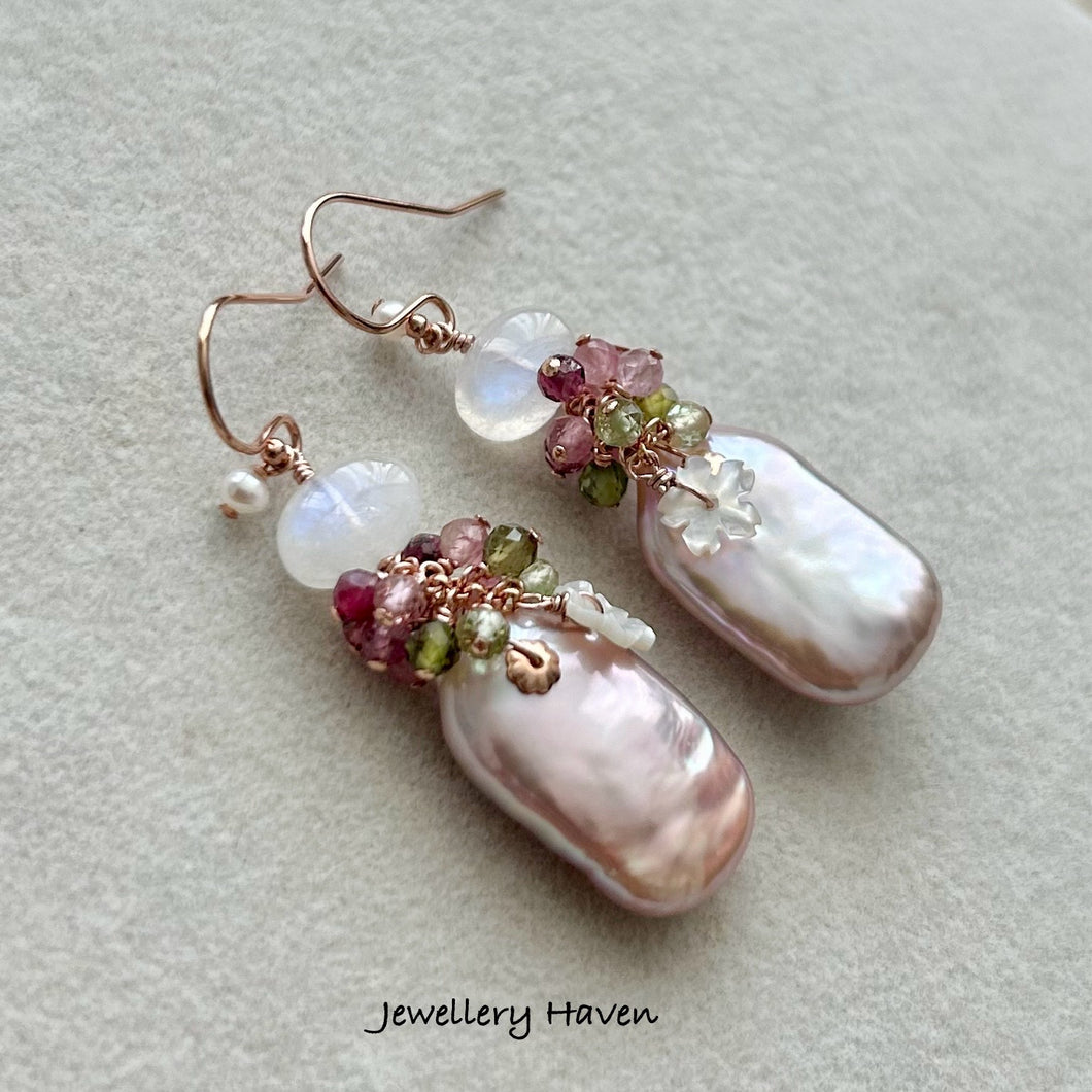 Iridescent lavender pearls, moonstone and tourmaline earrings