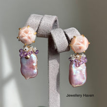 Load image into Gallery viewer, Pink Natrolite studs with metallic iridescent lavender pearl dangle earrings (detachable)