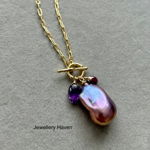 Deep purplish iridescent baroque pearl toggle necklace