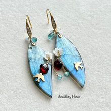 Laden Sie das Bild in den Galerie-Viewer, Statement aqua blue Labradorite earrings (Swallow Bird series)