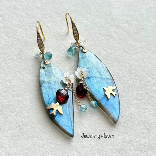Statement aqua blue Labradorite earrings (Swallow Bird series)