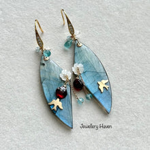 Load image into Gallery viewer, Statement aqua blue Labradorite earrings (Swallow Bird series)