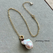 Cargar imagen en el visor de la galería, High lustre rainbow iridescent baroque pearl, watermelon tourmaline necklace