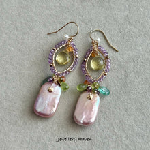 Load image into Gallery viewer, Lilac iridescent pearl, amethyst and peridot earrings