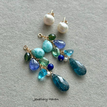 Load image into Gallery viewer, Teal moss kyanite, Larimar, tanzanite and baby baroque pearl studs earrings (detachable style)
