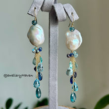 Load image into Gallery viewer, Baroque pearl with blue gems cluster earrings