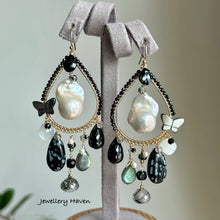 Charger l'image dans la galerie, Baroque pearl, black spinel, snowflake obsidian chandelier earrings
