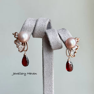 Butterfly pearl studs with garnet