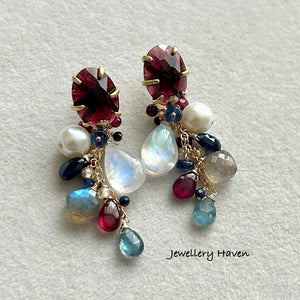 Moonstone, blue sapphires, labradorite clusters with garnet studs earrings