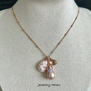 Pink natrolite, Edison pearl and ametrine necklace