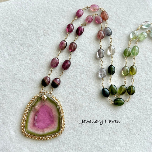 Watermelon tourmaline slice with tourmaline oval nugget necklace