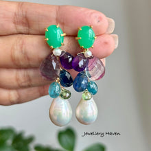 Cargar imagen en el visor de la galería, Apple green chrysoprase studs, banded fluorite, amethyst, kyanite and edison pearl earrings (detachable dangle)