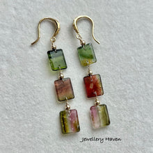 Load image into Gallery viewer, Rare tourmaline triple slice dangle earrings