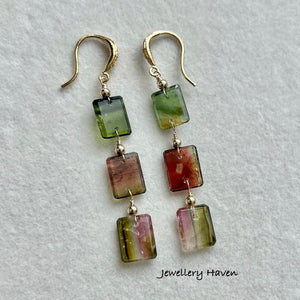 Rare tourmaline triple slice dangle earrings