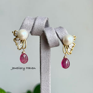 Pearl butterfly studs with pink sapphire