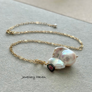 High lustre rainbow iridescent baroque pearl, watermelon tourmaline necklace