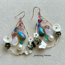 Load image into Gallery viewer, Blue flash labradorite and moonstone chandelier earrings.