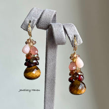 Charger l'image dans la galerie, Tiger eye, garnet, pink opal, champagne zircon earrings