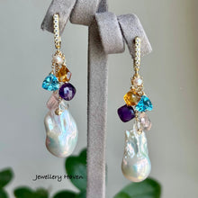 Cargar imagen en el visor de la galería, Baroque pearl, blue topaz, citrine, amethyst and rose quartz earrings
