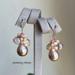 Edison pearl, pink opal, ametrine cluster earrings