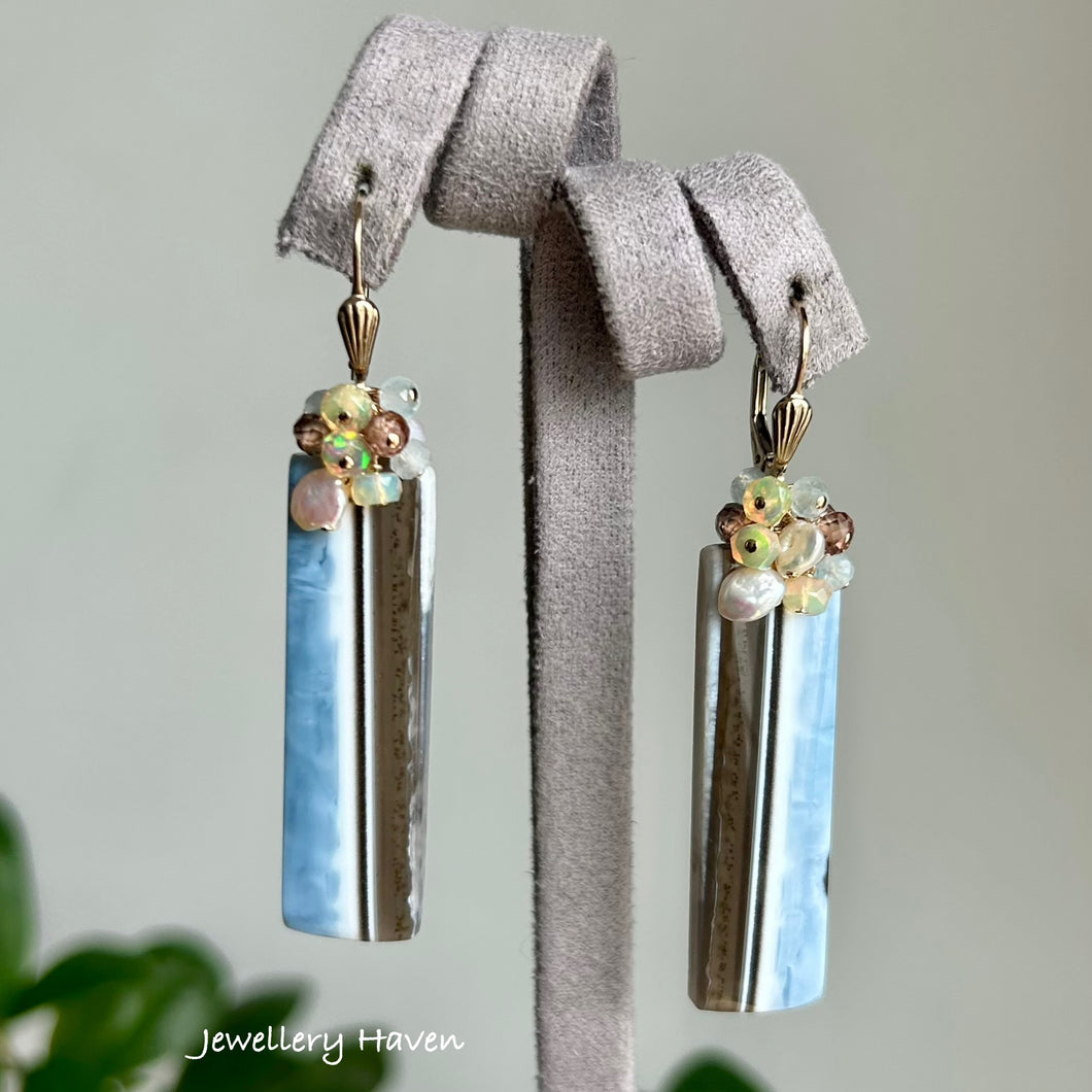 Owyhee blue opal, Ethiopian opal, pearl and aquamarine earrings