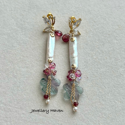 Fluorite flower and elongated pearl earrings