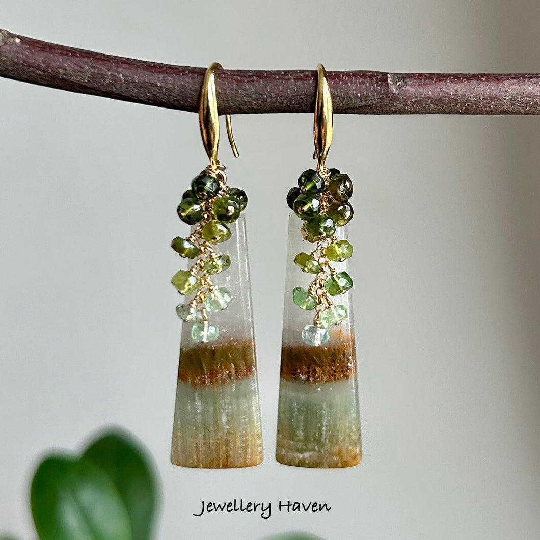 Cacoxenite rutile and green tourmaline earrings