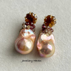 Montana agate with metallic iridescent baroque pearl earrings (detachable)