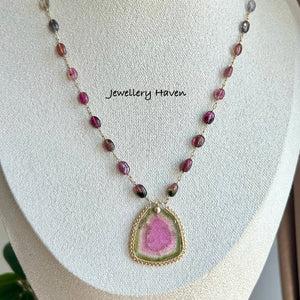 Watermelon tourmaline slice with tourmaline oval nugget necklace