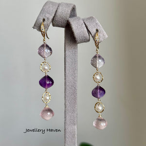 Pink amethyst, amethyst, rose quartz earrings