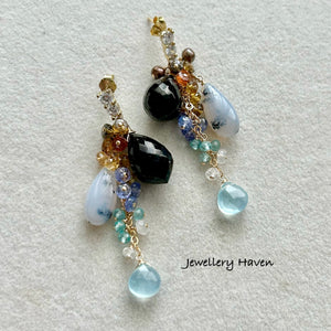 Dendritic opal, black spinel earrings