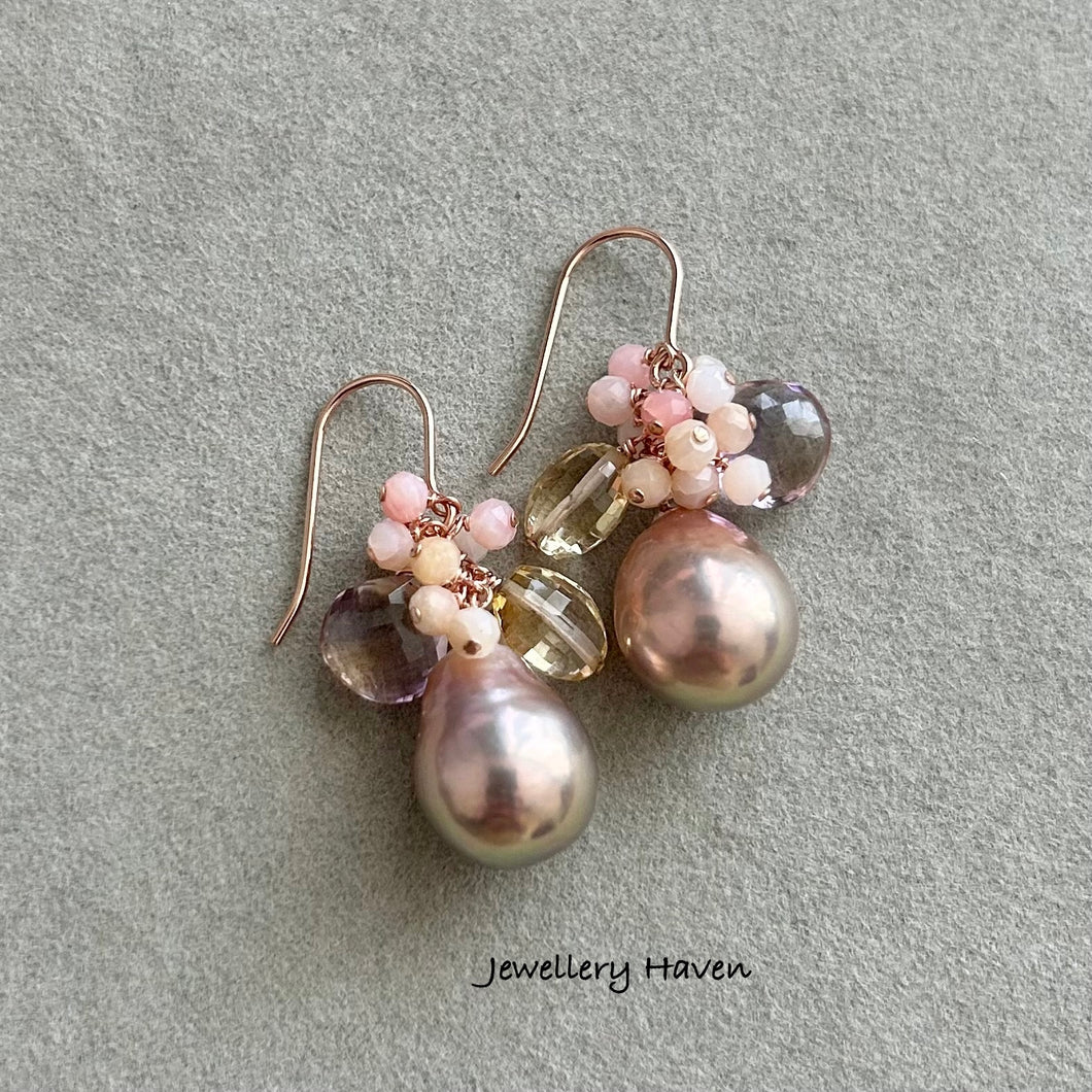 Edison pearl, pink opal, ametrine cluster earrings