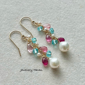 Pink tourmaline, apatite and pearl earrings