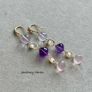 Pink amethyst, amethyst, rose quartz earrings