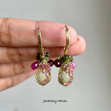 Laden Sie das Bild in den Galerie-Viewer, Lemon quartz, tourmaline, pink sapphire and garnet earrings
