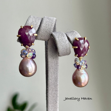 Load image into Gallery viewer, Purplish pink Edison pearl and ruby studs earrings