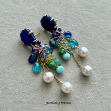 Load image into Gallery viewer, Lapis lazuli, akoya pearls, kyanite, emeralds earrings