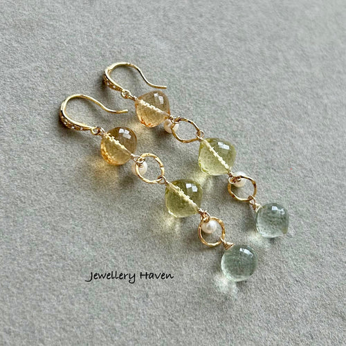 Citrine, lemon quartz, green amethyst earrings