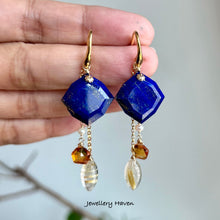 Carica l'immagine nel visualizzatore di Gallery, Lapis lazuli, citrine and golden rutilated quartz earrings