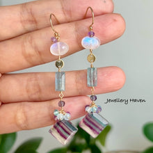 Cargar imagen en el visor de la galería, Rainbow fluorite, kyanite and moonstone earrings