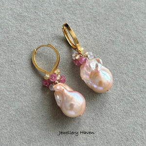 Baroque pearl and gem clusters hoop earrings