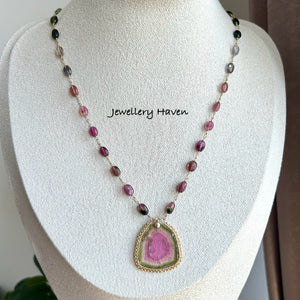 Watermelon tourmaline slice with tourmaline oval nugget necklace