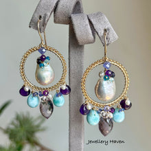 Charger l'image dans la galerie, Edison pearl, pink amethyst, larimar,tanzanite chandelier earrings