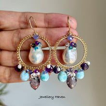 Charger l'image dans la galerie, Edison pearl, pink amethyst, larimar,tanzanite chandelier earrings