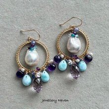 Charger l'image dans la galerie, Edison pearl, pink amethyst, larimar,tanzanite chandelier earrings