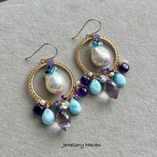 Charger l'image dans la galerie, Edison pearl, pink amethyst, larimar,tanzanite chandelier earrings