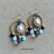 Charger l'image dans la galerie, Edison pearl, pink amethyst, larimar,tanzanite chandelier earrings