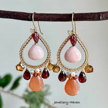 Charger l'image dans la galerie, Peach moonstone, pink opal, citrine, garnet chandelier earrings